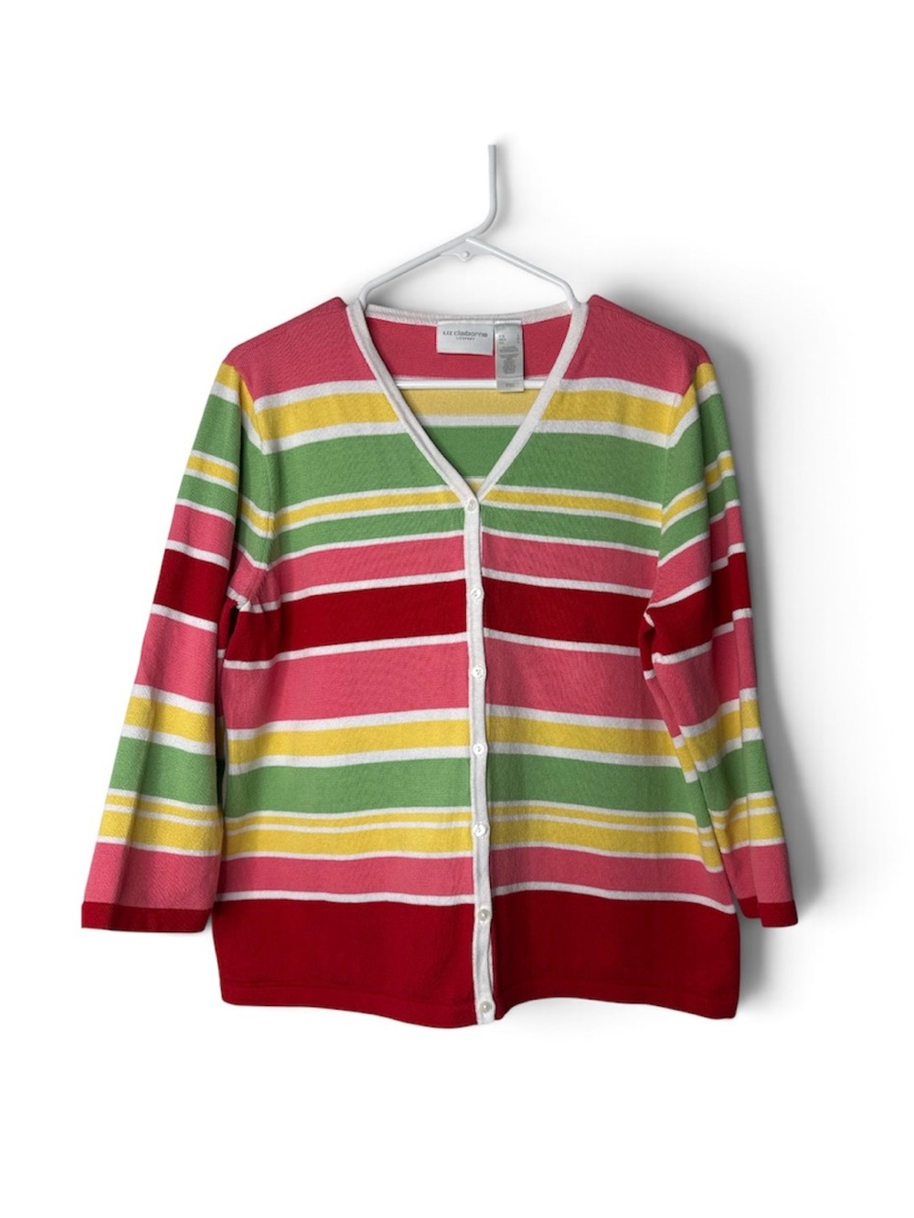 Liz Claiborne Cardigan Sweater Women’s Large Striped Button Front Long Sleeve